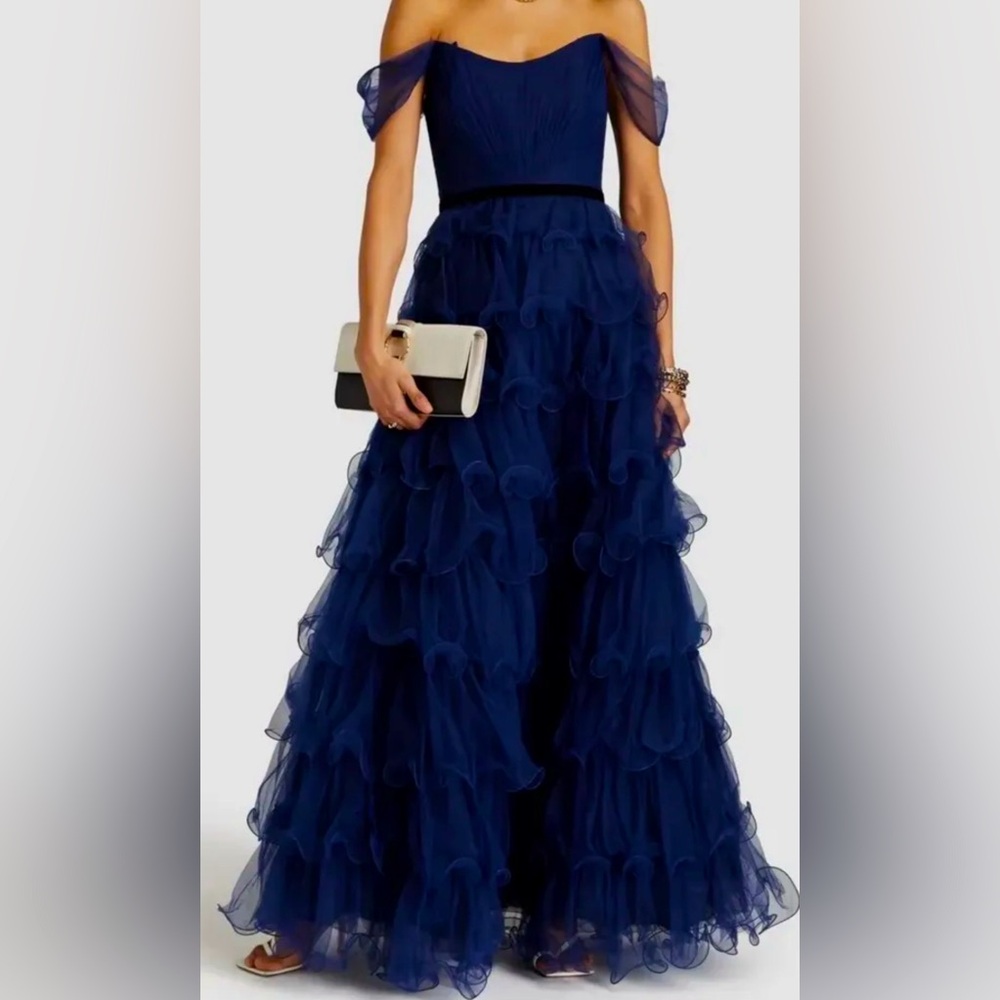 Off-Shoulder Navy Ruffle Tulle Evening Gown